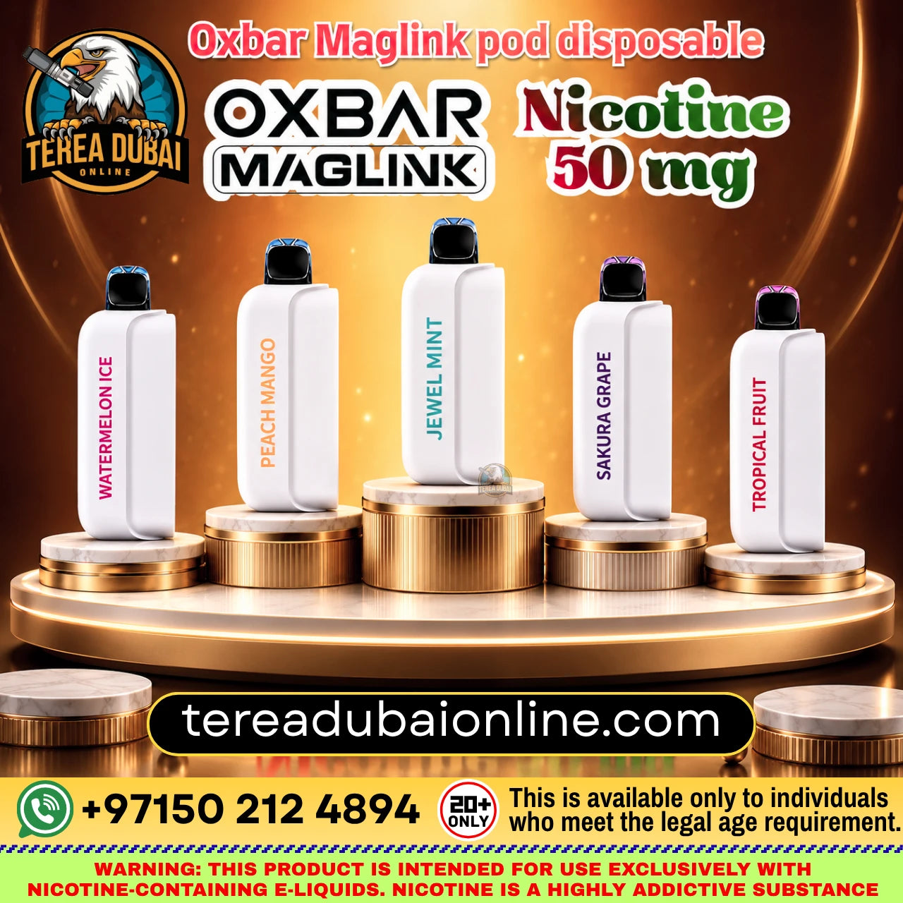 Oxbar Maglink Pod Disposable 50K Puffs 5% In UAE| Terea Dubai Online. Promotional graphic for OXBAR MAGLINK disposable pods, showing five white pod devices on a gold pedestal against a dark gold background. The pods are labeled with different flavors: Watermelon Ice, Peach Mango, Jewel Mint, Sandura Grape, and Tropical Fruit.