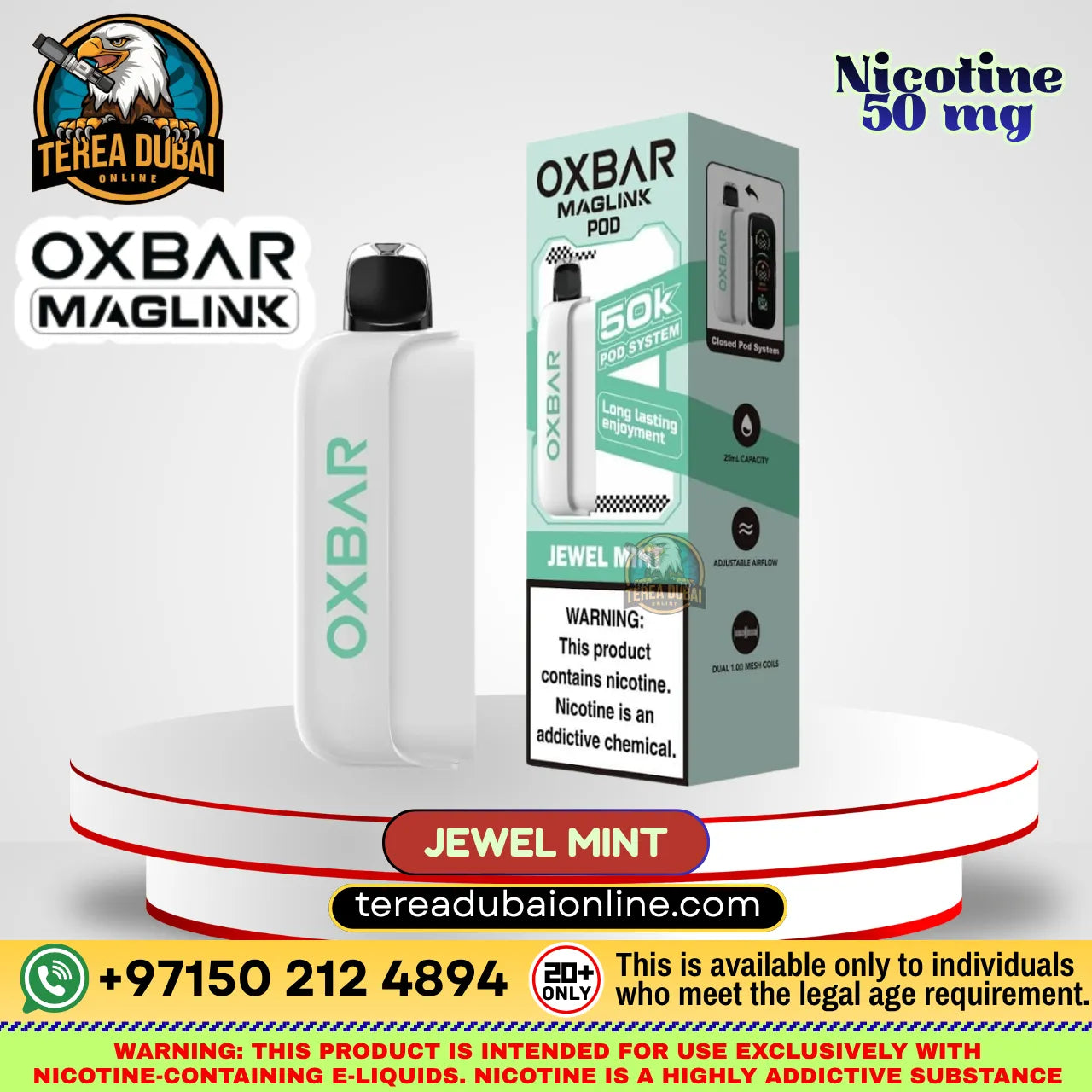 Oxbar Maglink Pod Disposable 50K Puffs 5% In UAE| Terea Dubai Online in Jewel Mint flavor, shown next to its retail packaging box. The product is white with mint green branding and a black mouthpiece.