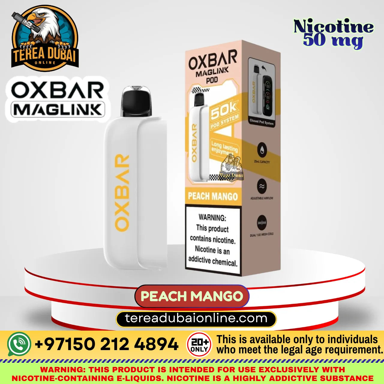 Oxbar Maglink Pod Disposable 50K Puffs 5% In UAE| Terea Dubai Online in Peach Mango flavor, shown next to its retail packaging box. The device is white with a black mouthpiece and features the 'OXBAR' brand name in gold.