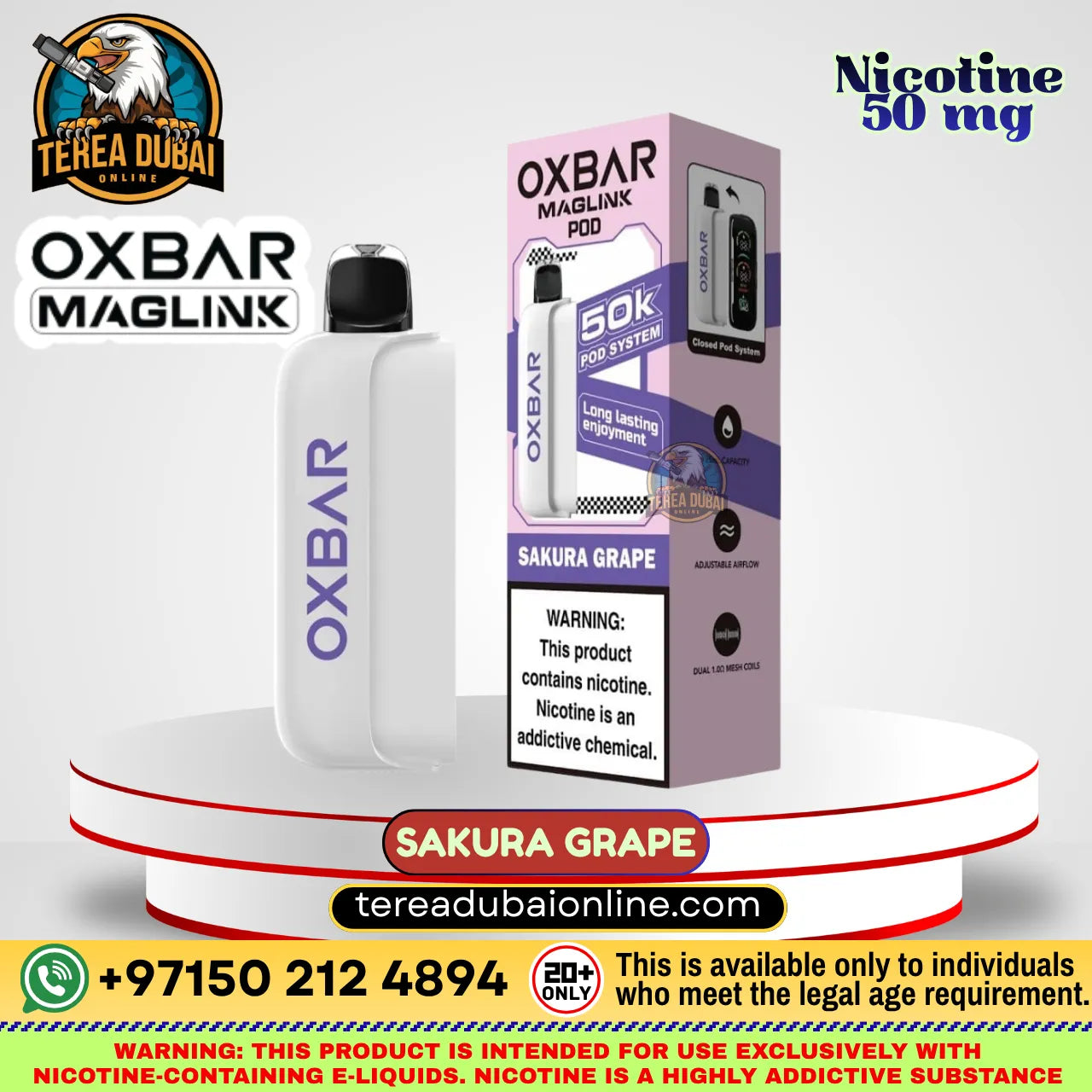 Oxbar Maglink Pod Disposable 50K Puffs 5% In UAE| Terea Dubai Online in Sakura Grape flavor, shown next to its retail packaging box on a white display stand. The product is white with purple branding text and a black mouthpiece.