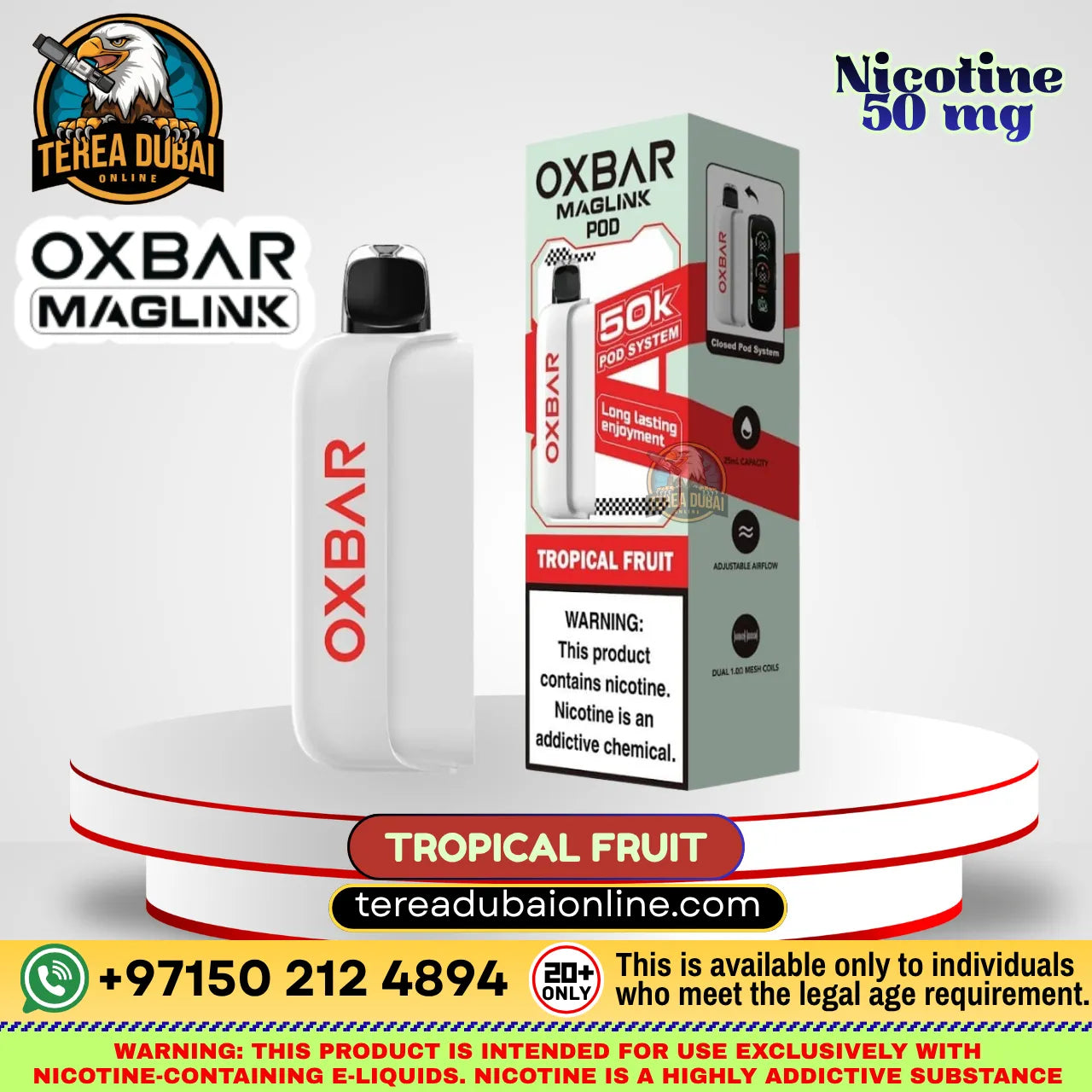 Oxbar Maglink Pod Disposable 50K Puffs 5% In UAE| Terea Dubai Online in Tropical Fruit flavor, shown next to its retail packaging box. The device is white with red branding, and the box is white and red with product details.