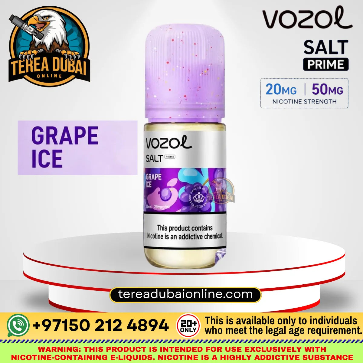 Vozol Prime Luxurious Salt-Nic E-Liquid Grape Ice on a white pedestal with promotional text and logos. The bottle has a lavender-purple cap and a purple grape-themed label.