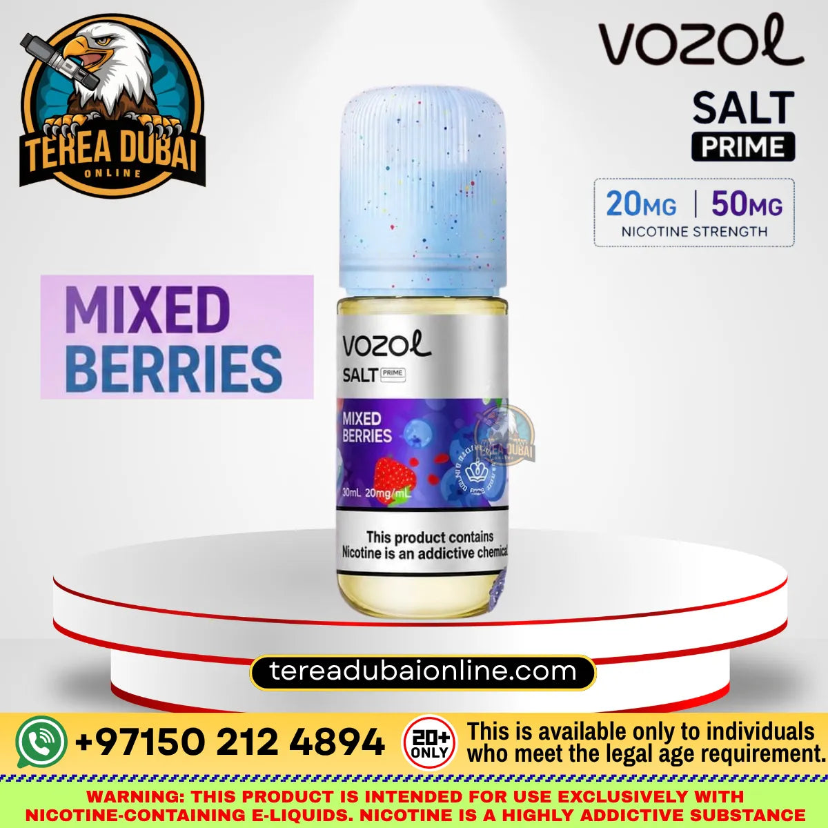 Vozol Prime Luxurious Salt-Nic E-Liquid Mixed Berries bottle displayed on a white and red tiered pedestal, with brand logos, flavor text, and warning labels on a white background.