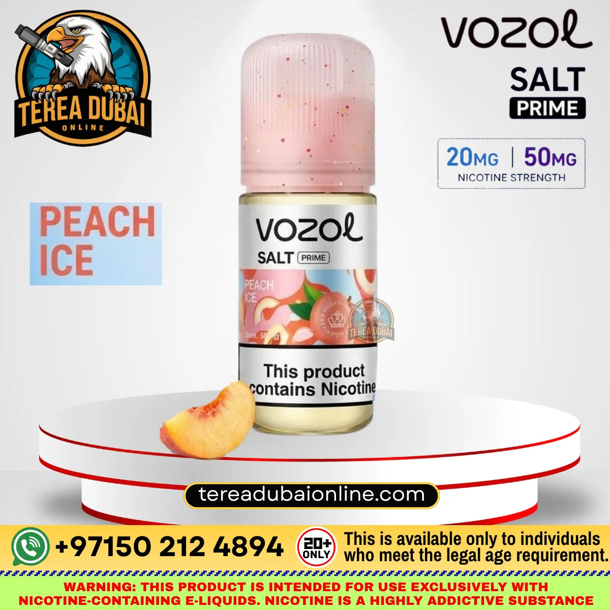 Vozol Prime Luxurious Salt-Nic E-Liquid Peach Ice bottle displayed on a white pedestal with promotional text and branding. The bottle has a pink cap and peach-colored liquid, with flavor graphics showing peaches.
