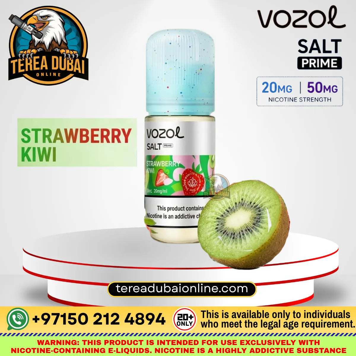 Vozol Prime Luxurious Salt-Nic E-Liquid Strawberry Kiwi Flavoer displayed on a white tiered pedestal with a kiwi slice graphic, alongside brand logos and nicotine strength details.